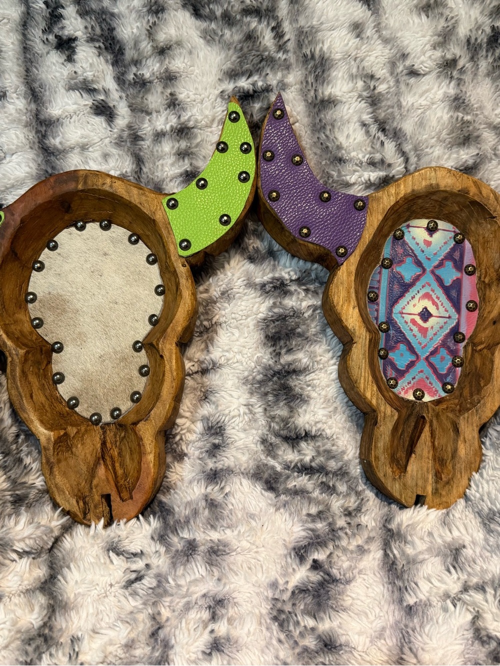 Western Double Skull Trinket Dish with Turquoise & Neon Accents (Large Pieces)